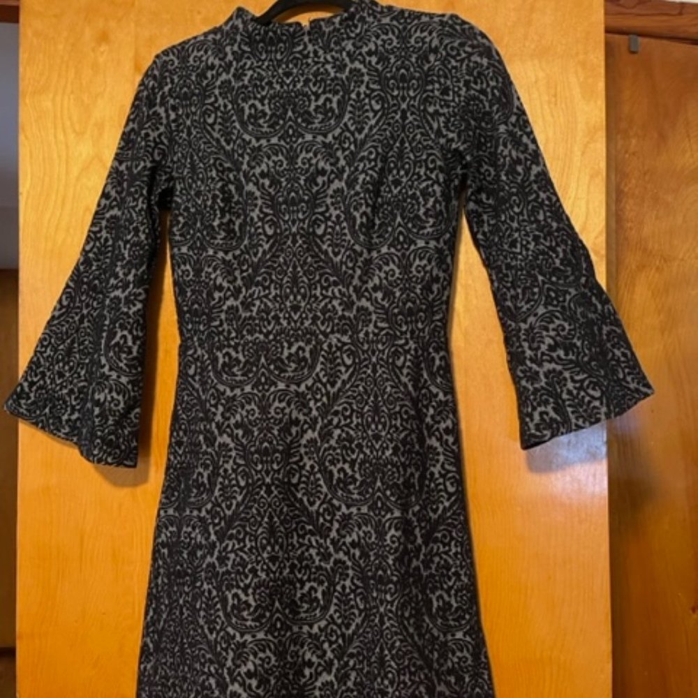 LOFT black and grey A-line dress with brocade design and flaired sleeves